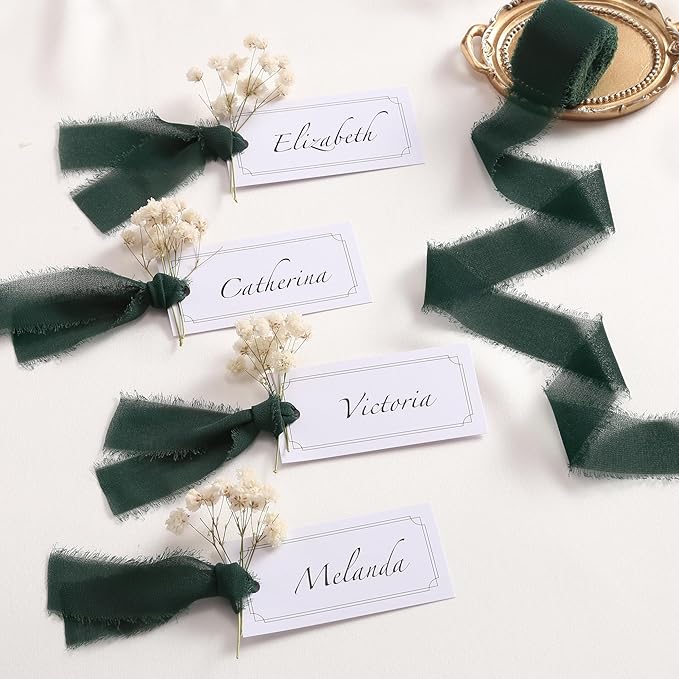 DORIS HOME Dark Green Chiffon Ribbon for Flower Bouquet, 1" x21Yd Fabric Ribbon for Gift Wrapping, Handmade Frayed Ribbon for Wedding Invitations/Christmas Decorations