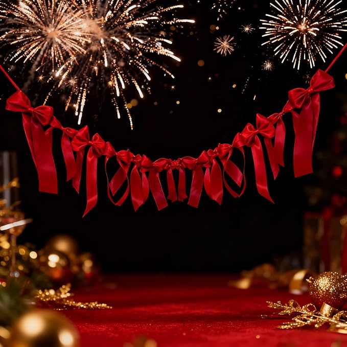 Meseey Red Satin Bow Garland Banner Coquette Bachelorette Party Decor,Bridal Shower Backdrop,Wedding & Engagement Party Supplies,Birthday Decoration,Photo Booth Props(Red)