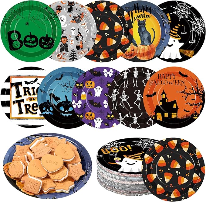 Umigy 120 Pieces Halloween Paper Plates 7 Inch Spider Web and Ghost Disposable Dessert Plates Haunt Pumpkin Disposable Tableware Dinnerware for Halloween Spooky Themed Party Birthday Party Decorations