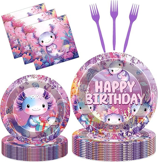 Axolotl Birthday Party Decorations - 96 Pcs Pink Purple Disposable Paper Dessert Plates Napkins Forks Tableware Set Cute Cartoon Reptile Animals Supplies for Kids Girls Serves 24 Guests