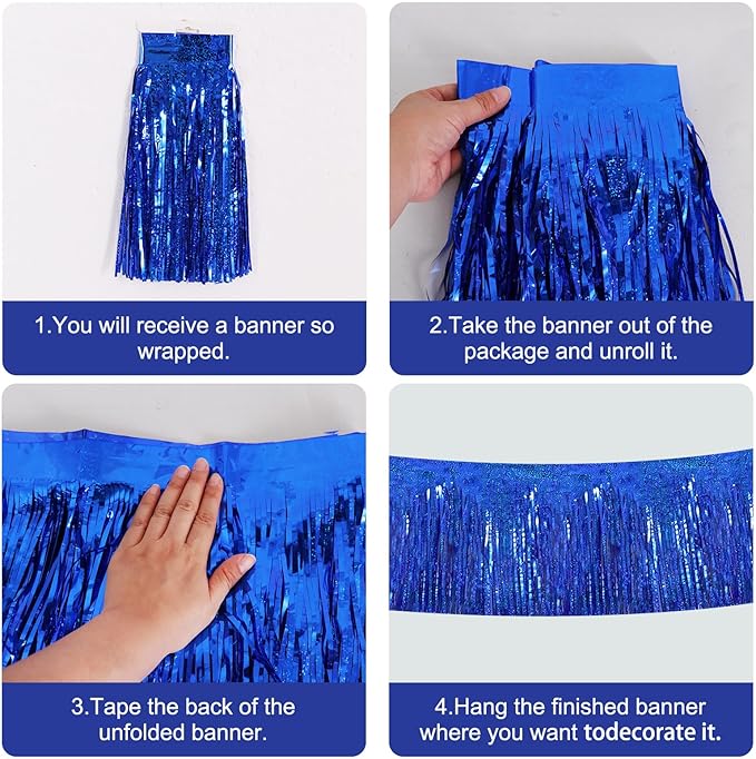 BEISHIDA 3 Packs Metallic Foil Fringe Garland Laser Blue Wall Hanging Tinsel Fringe Banners for Car Floats Bridal Shower Wedding Birthday Easter Graduation Holiday Party Decoration(30 Feet)
