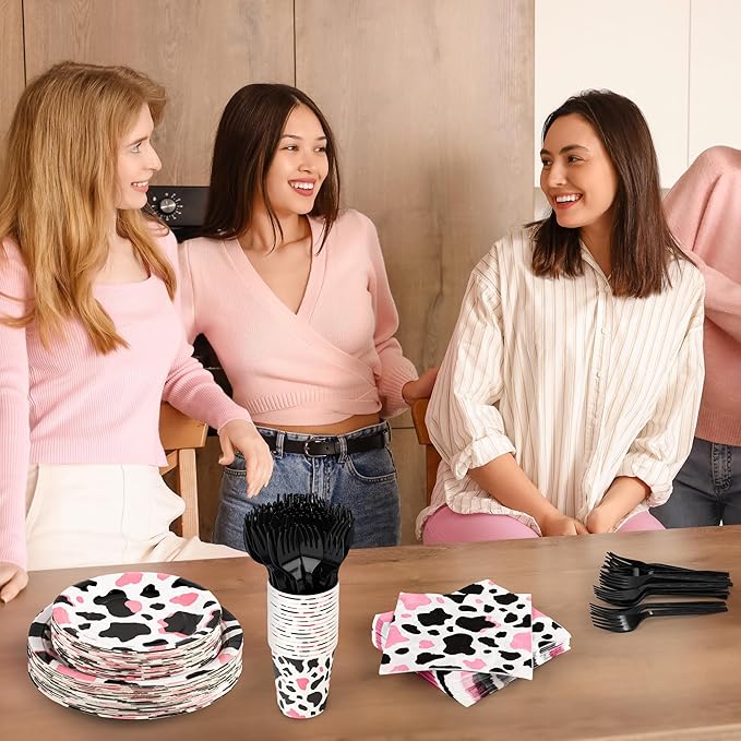 Kochorie 144 Pieces Pink Cow Print Party Supplies, Cowgirl Pink Cow Tableware Sets Including Disposable Paper Plates Napkins Cups Forks Serves 24 for Baby Shower Birthday Party Decorations