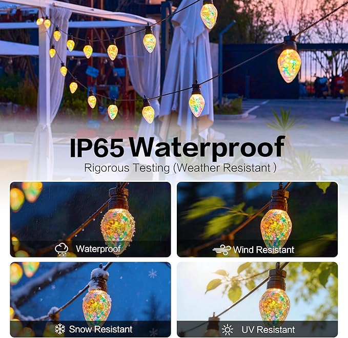 Outdoor String Lights, 50FT 20 LED Iridescent Holographic Bulbs, Waterproof Patio Lights with Remote Control, Shatterproof Connectable Lights for Backyard, Porch, Garden, and Party