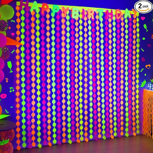 Mega-L Glow In The Dark Party Supplies, 2 Pack Neon Round Party Decorations 3.3 x 6.6 ft Fuchsia, Yellow and Orange Tinsel Foil Fringe Curtains, Photo Booth Prop Backdrop Streamer New Year Party Decor