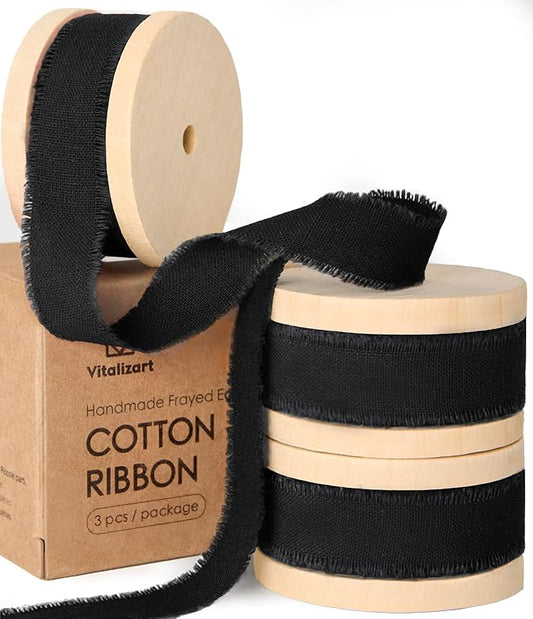 Vitalizart Black Cotton Ribbon Handmade Fringe 5/8" x 21 Yd Pure Natural Cotton Ribbons for Gift Wrapping Wedding Invites Bridal Shower Bouquets Holiday Decor