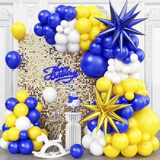 Blue Yellow Balloon Arch Kit, Royal Blue and Yellow White Balloons Garland Kit with 4D Foil Star Balloons, for Graduation 2026 Baby Shower Anniversary Birthday Wedding Party Decoration