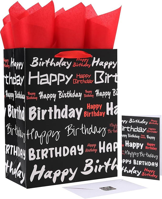 wishinside 13" Large Black Gift Bag Set with Greeting Card and Tissue Papers (White & Red Happy Birthday) for Men's or Women's, Boys, Girls or Kids Party, Baby