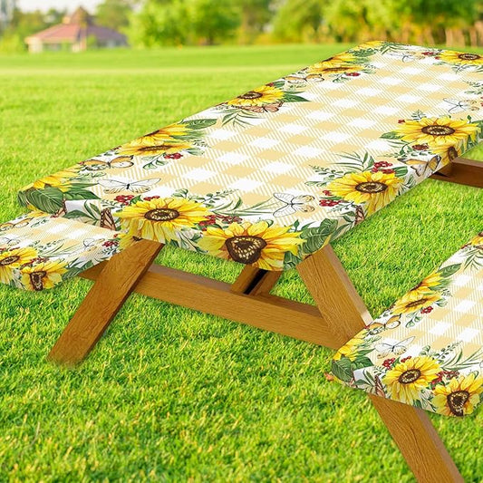 Sunflower Picnic Table Cover with Bench Covers, Fall Yellow Buffalo Plaid Summer Floral Farmhouse Waterproof Tablecloth for Camping Indoor Outdoor Party Decorations, 30X60in