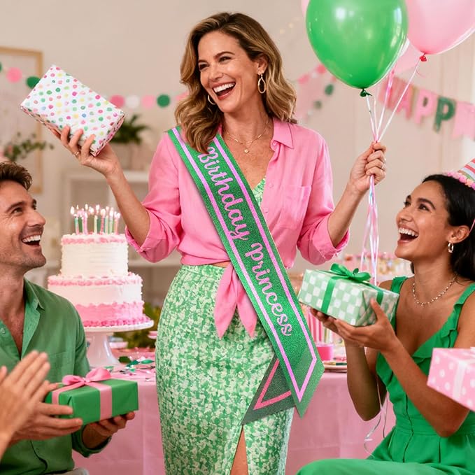 Pink Green Birthday Sash for Girls, Letter "Birthday Princess" Witch Themed Sash with Glitter Foil, Happy Funny Accessories for Party Favors Supplies