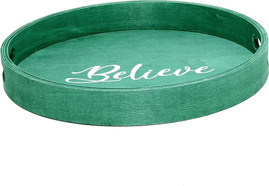 Elegant Designs HG2013-GBL Christmas Decorative 13.75'' Round Wood Serving Tray w/Handles, Green Believe