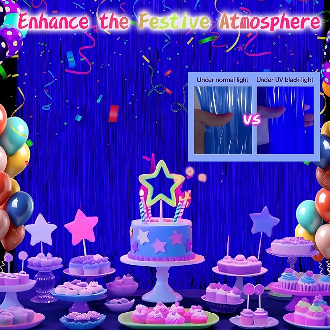 Glow in The Dark Party Supplies 2 Pack Neon Party Decorations Fluorescent Tinsel Foil Fringe Curtains Photo Booth Prop Backdrop Streamer Blacklight Decorations (Neon Blue)
