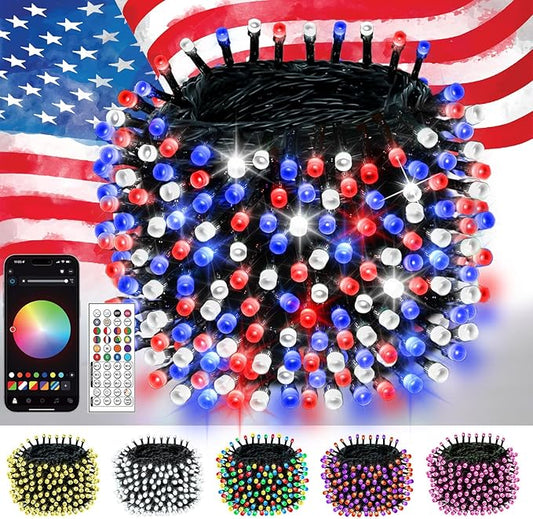 300LED Smart 4th of July String Lights | 107FT App Controlled Red White and Blue American Flag Lights, Waterproof Patriotic RGB Color Changing String Lights with Remote & Timer Outdoor for Memory Day