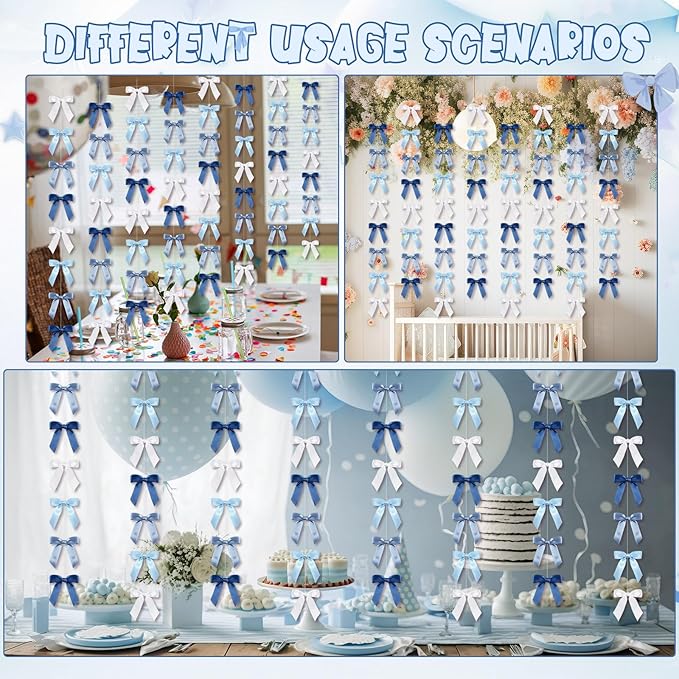 Taobary 8 Pcs 6.6 ft Bow Garland, Satin Ribbon Bow Banner Coquette Hanging Ornament for Photo Backdrop Birthday Party Wedding Bridal Baby Shower Wall Decorations(Blue,1 Inch)