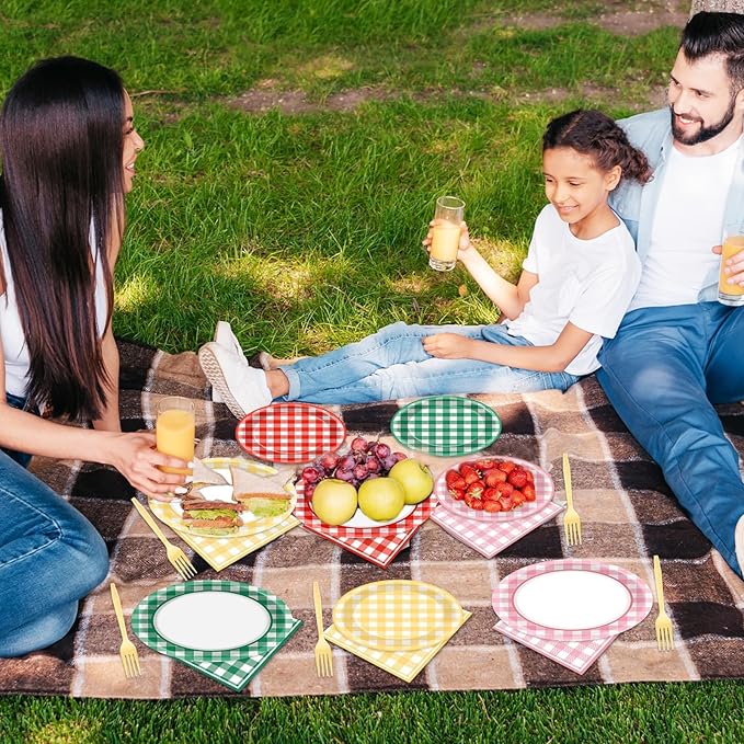 96 Pcs Camp Checkered Paper Plates and Napkins Plaid Checkered Bachelorette Party Supplies Glamping Birthday Tableware Set Spring Summer Plaid Camping Themed Party Favors Baby Bridal Shower