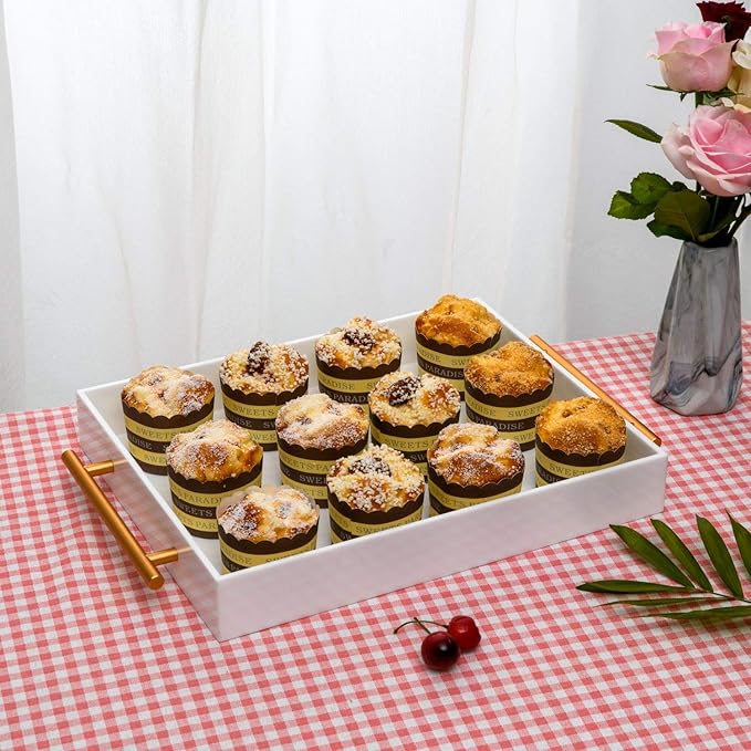 Glossy White Acrylic Lucite Serving Tray with Metal Handles,No Need to Assemble,11x14 Inch,Decorative Storage Organizer with Spill-Proof Design,Serving for Coffee,Breakfast,Dinner and More
