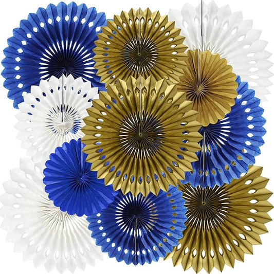 BEISHIDA Blue Gold White Hanging Honeycomb Round Paper Fans Decoration Set for New Year Graduation Birthday Wedding Bachelorette Baby Shower Backdrops Anniversary Paper Party Supplies（11packs）