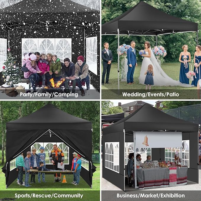 COBIZI 10x10 Heavy Duty Pop Up Canopy Tent with 4 Sidewalls Thicken Frame, Commercial Easy Up Outdoor Wedding Party Tents, All Season Waterproof Windproof with Stakes Sandbags Ropes Roller Bag, Black