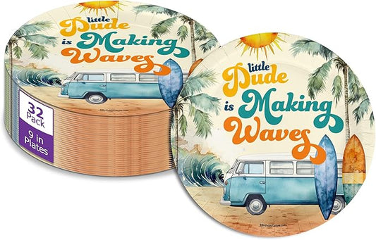 Birthday Galore Little Dude Making Waves Surfing Baby Shower - 32 Piece Disposable Party Supplies - Surfer Baby Shower Decorations - Round Party Plates - Large 9" Paper Plates In Bulk