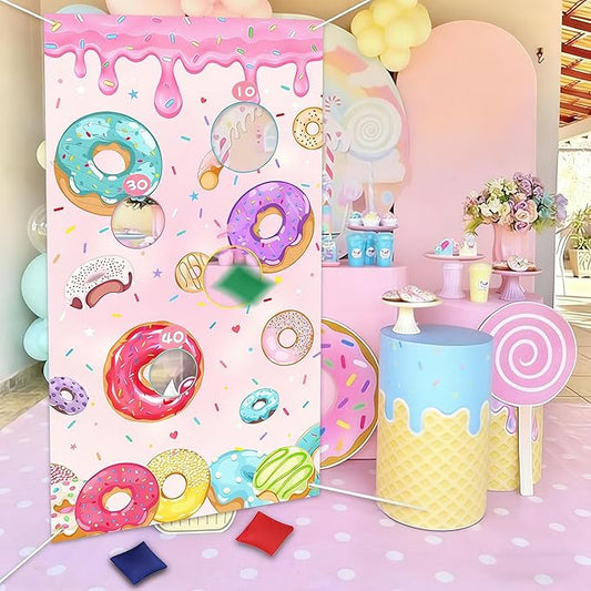 Serencatcher Donut Toss Game Banner with 3 Bean Bags Donut Bean Bag Toss Games Backdrop Background for Donut Party Games Donut Birthday Baby Shower Party Decorations Supplies