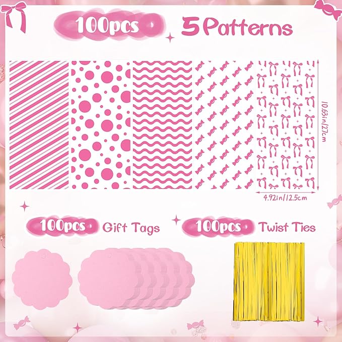 woric 100 Set Pink Cellophane Bags 5 x 10.6 Inch Plastic Mother's Day Treat Bags Gift Candy Bag with 100 Gift Tags and Twist Ties for Pink Bow Birthday Weddings Baby Shower Decorations