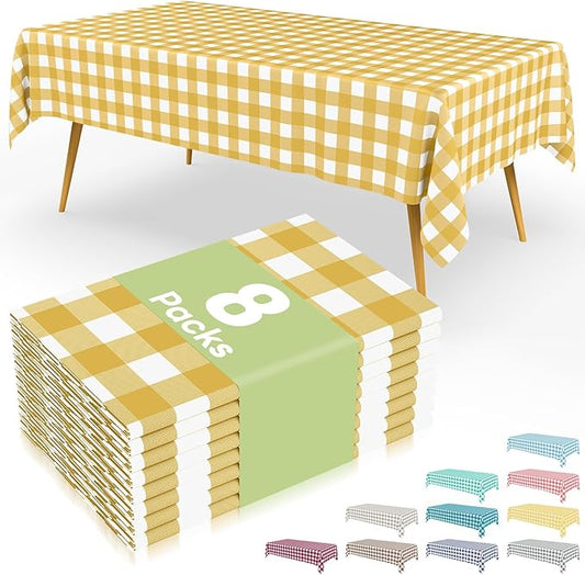 Smiry 8 Packs Gingham Disposable Table Cloth, 54 x 108 Inch Waterproof Plastic Tablecloth, Rectangle Gold and White CheckeGold Table Covers for Party, Birthday, Picnic, Banquet
