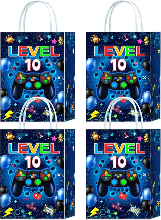 Tyndallrays 16-Piece Video Game Level 10th Birthday Party Favors Bags, Blue Gamer Snacks Treat Candy Bags with Handles, Perfect for 10th Birthday Party Decorations