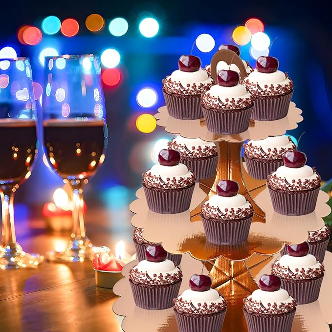 2 Pack 3 Tier Rose Gold Cupcake Stand for 24 Cupcakes, Cardboard Cake Tower for Parties and Celebrations