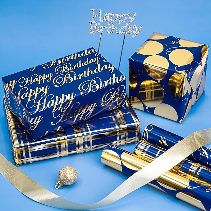 WRAPAHOLIC Birthday Wrapping Paper Roll - Mini Roll - 3 Rolls - 17 inch X 120 inch Per roll - Blue and Gold Foil Design for Party, Holiday, Baby Shower