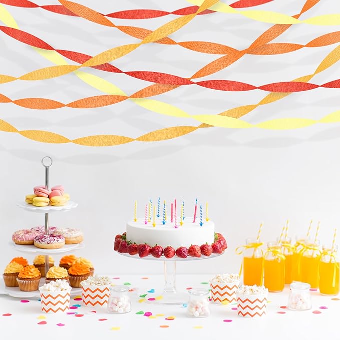 Orange Streamers Party Decorations, 8 Rolls 656ft Red Orange Yellow Crepe Paper Streamers for Thanksgiving Birthday Anniversary Firefighter Fall Decorations Supplies
