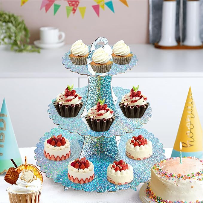 Soleebee 3-Tier Cupcake Stand, Cardboard Cupcake Tower, Dessert Cup Cake Stand Tower for Birthday Wedding Party Decoration, Cupcake Tier Stand 1 Set (Glitter AB Color)