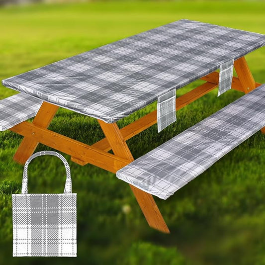 Fitted Picnic Table Cover with Bench Covers Waterproof Elastic Edges Rectangle Patio Tablecloth Outdoor Camping Essentials Stuff Rv Accessories Summer Trip Travel Camper Gifts for Woman Men, 96in 8 ft