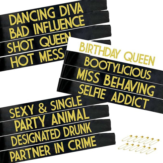 12 Pack Queen Sashes for Women - Birthday Squad Sash Set, Funny Gifts Sashes for Women's Birthday Party Supplies (Black + White + Gold Glitter Letters)