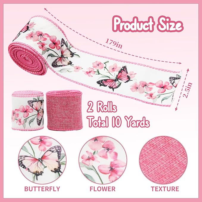 Pink Wired Ribbon for Wreath Bows, 2 Rolls, 2.5″ Wide, 10 Yards Total, Summer Pink Butterfly Floral Wired Ribbons for Crafts Supplies, Rustic Party, Wedding Ribbon Bow Decor