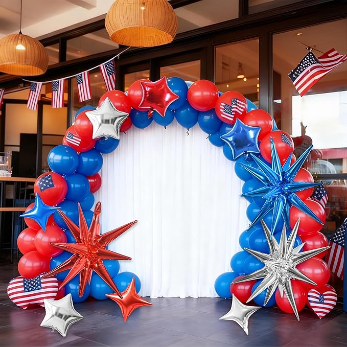 TONIFUL 22Inch 15Pcs Red Blue Silver Explosion Star Balloons and 10Inch Four Pointed Star Balloons Set for Christmas New Year Birthday Wedding Bridal Shower Independence Day Anniversary Supplies
