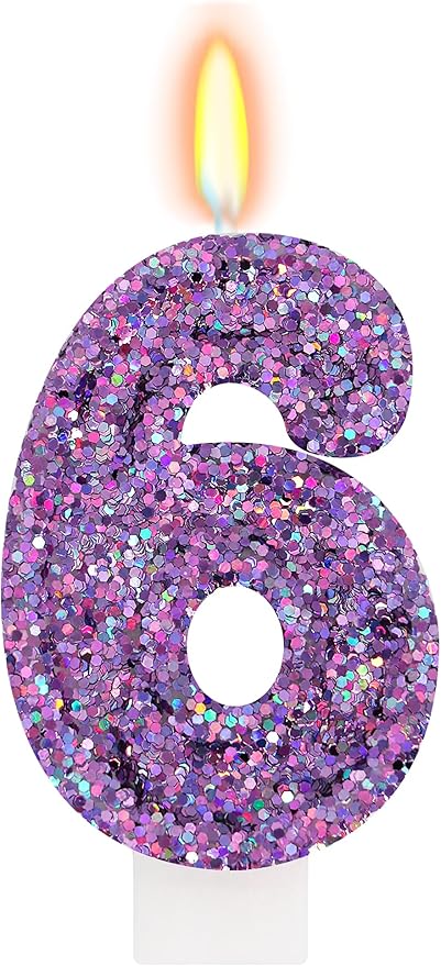 Deep Purple Glitter Birthday Candles for Girls - Number 6 Candle Cake Topper for Purple Fairy Birthday Party Decorations