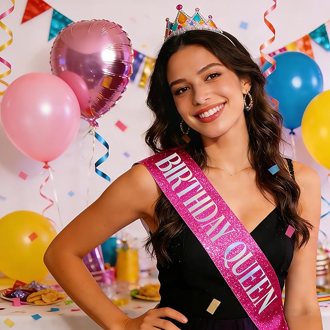 Birthday Queen Sash, Dazzle Foil Letter Glitter Hot Pink Birthday Sash for Women Girl 21st 30th 40th 50th 60th Gifts Funny Bday Gifts Party Favors Photo Prop
