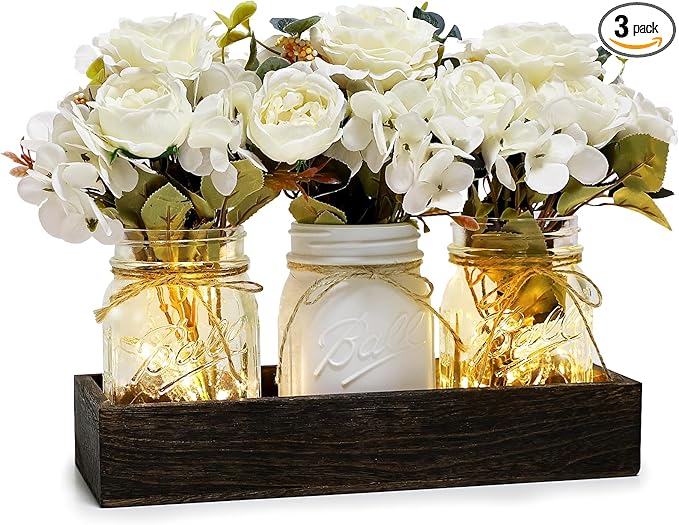Mason Jar Centerpiece Table Decor for Dining Room Farmhouse Coffee Table Decor with Wood Tray Fairy Lights Fake Flowers for Valentine's Day Kitchen Living Dining Room - White