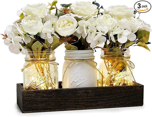 Mason Jar Centerpiece Table Decor for Dining Room Farmhouse Coffee Table Decor with Wood Tray Fairy Lights Fake Flowers for Valentine's Day Kitchen Living Dining Room - White