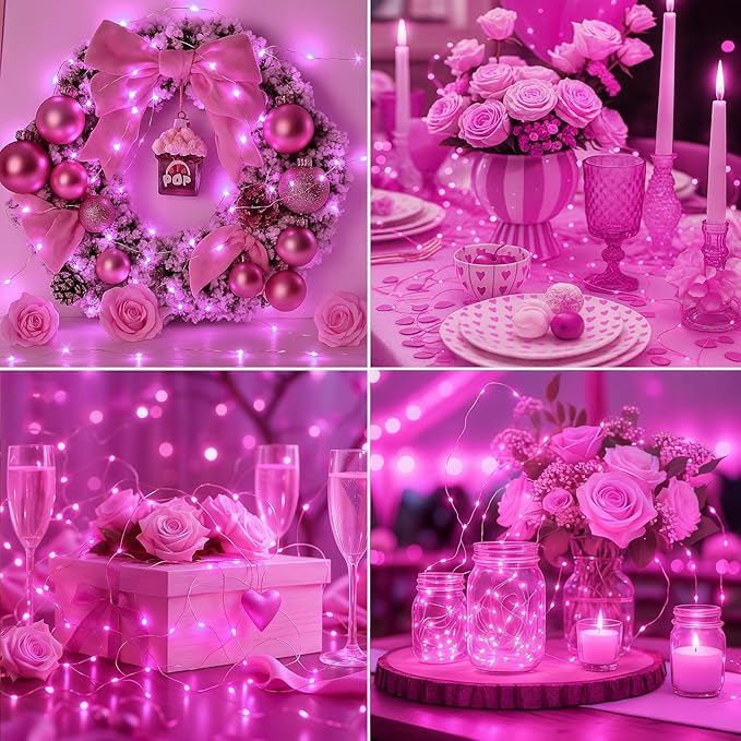 litogo 20 Pack 7FT 20 LED Fairy Lights Battery Operated, 3 Lighting Modes, Bulk Mini Twinkle String Lights Waterproof Silver Wire for Weddings Mason Jars Party Christmas Decorations-Pink
