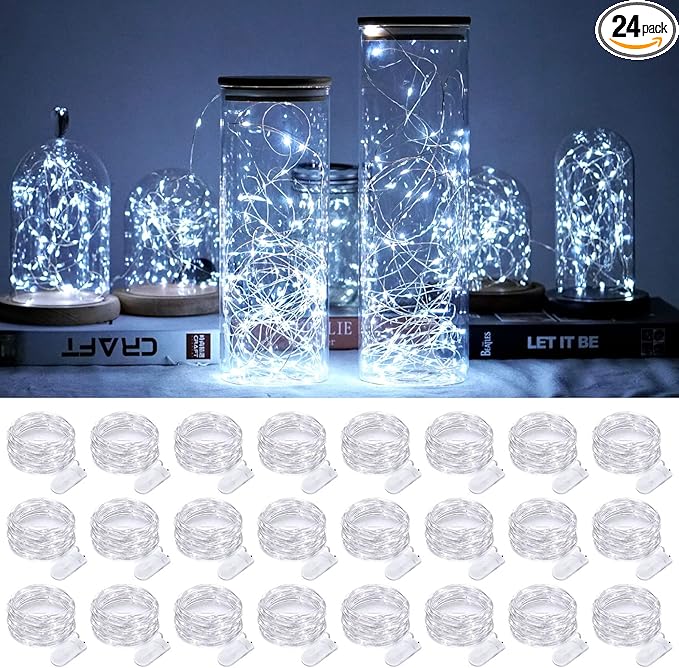 SmilingTown Battery Operated Fairy String Lights 24 Pack 20 LED 7.2ft Starry Firefly Copper Wire for Wedding Party Table Centerpiece Halloween Christmas Decorations (Cool White)