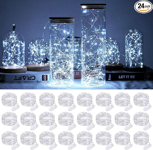 SmilingTown Battery Operated Fairy String Lights 24 Pack 20 LED 7.2ft Starry Firefly Copper Wire for Wedding Party Table Centerpiece Halloween Christmas Decorations (Cool White)