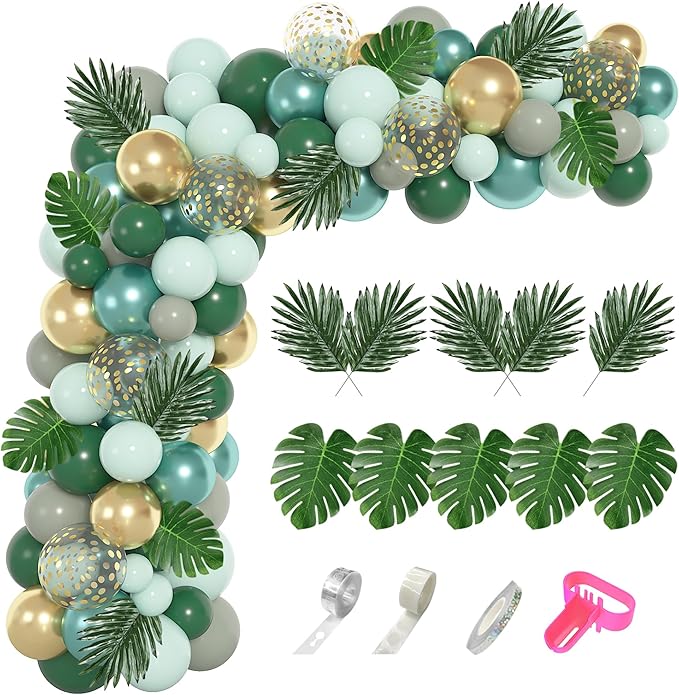Amandir 151Pcs Jungle Safari Balloon Garland Kit, Metallic Green Gold Tropical Balloons Arch Artificial Palm Leaves for Animal Dinosaur Two Wild One Birthday Decoration