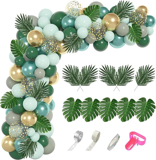 Amandir 151Pcs Jungle Safari Balloon Garland Kit, Metallic Green Gold Tropical Balloons Arch Artificial Palm Leaves for Animal Dinosaur Two Wild One Birthday Decoration