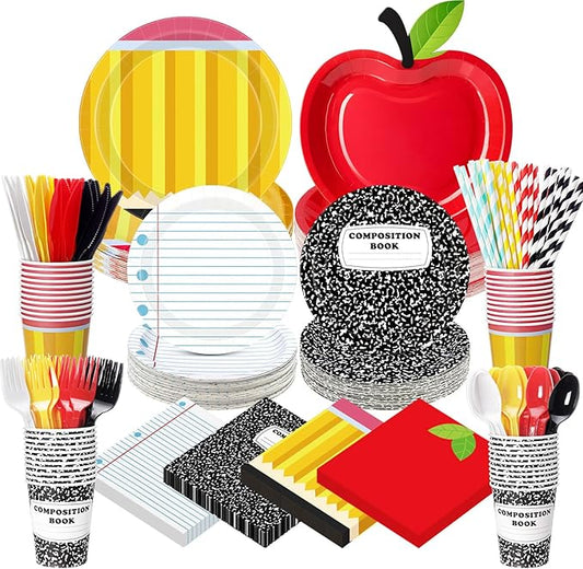 450 Pcs Preschool Kindergarten Graduation Tableware Set Decorations Apple Paper Plates Composition Notebook Napkins Pencil Cups Cutlery Straws for End of School Year Party Supplies, Serves 50