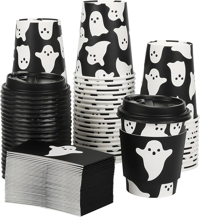 AimFun 50Pcs Halloween Ghost Disposable Coffee Cups with Lids and Sleeves 8oz Ghost Spooky Paper Party Cups Black White Boo Cold Hot Drinking Cups for Birthday Halloween Party Supplies (Black Ghosts)
