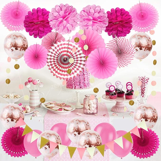 ZERODECO Party Hanging Paper Fans Set, Pink Confetti Balloons Decorative Folding Fans Paper Pompoms Triangle Bunting Flags Garlands for Wedding Birthday Baby Shower Photo Backdrop Party Decorations