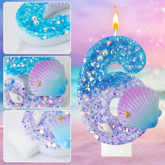 Blue and Purple Birthday Candles, 6th Birthday Cake Decoration, Cupcake Candles，Suitable for Mermaid Theme Party Cake Decoration (6)