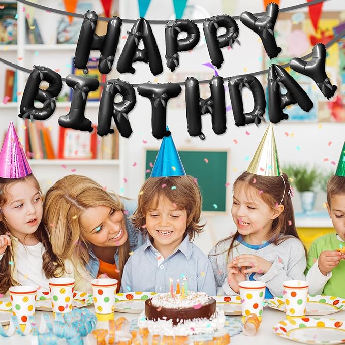 Black Happy Birthday Balloons Banner with Bowknot 16 Inch Mylar Foil Letters Birthday Sign Banners for Girls Boys Kids & Adults Birthday Decorations Halloween Party Supplies