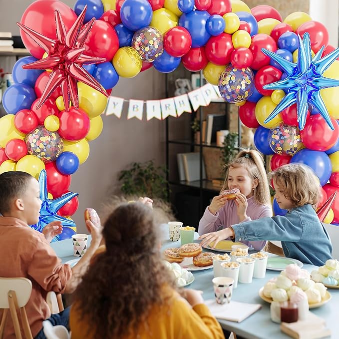 Red Blue Yellow Balloons Arch Garland Kit-Red Gold Blue Confetti Balloon 123Pcs for Birthday,Baby Shower,Graduation,Anniversary,Carnival Circus,Superhero Theme Party Decorations.