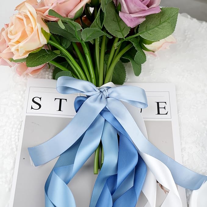 1 Inch Dusty Blue French Blue Double Face Satin Ribbon Set, 5 Rolls, 50 Yards, Polyester Assorted Blue Tones for Wedding Decor, Gift Wrapping, Hair Bows, Flower Bouquets and Crafts